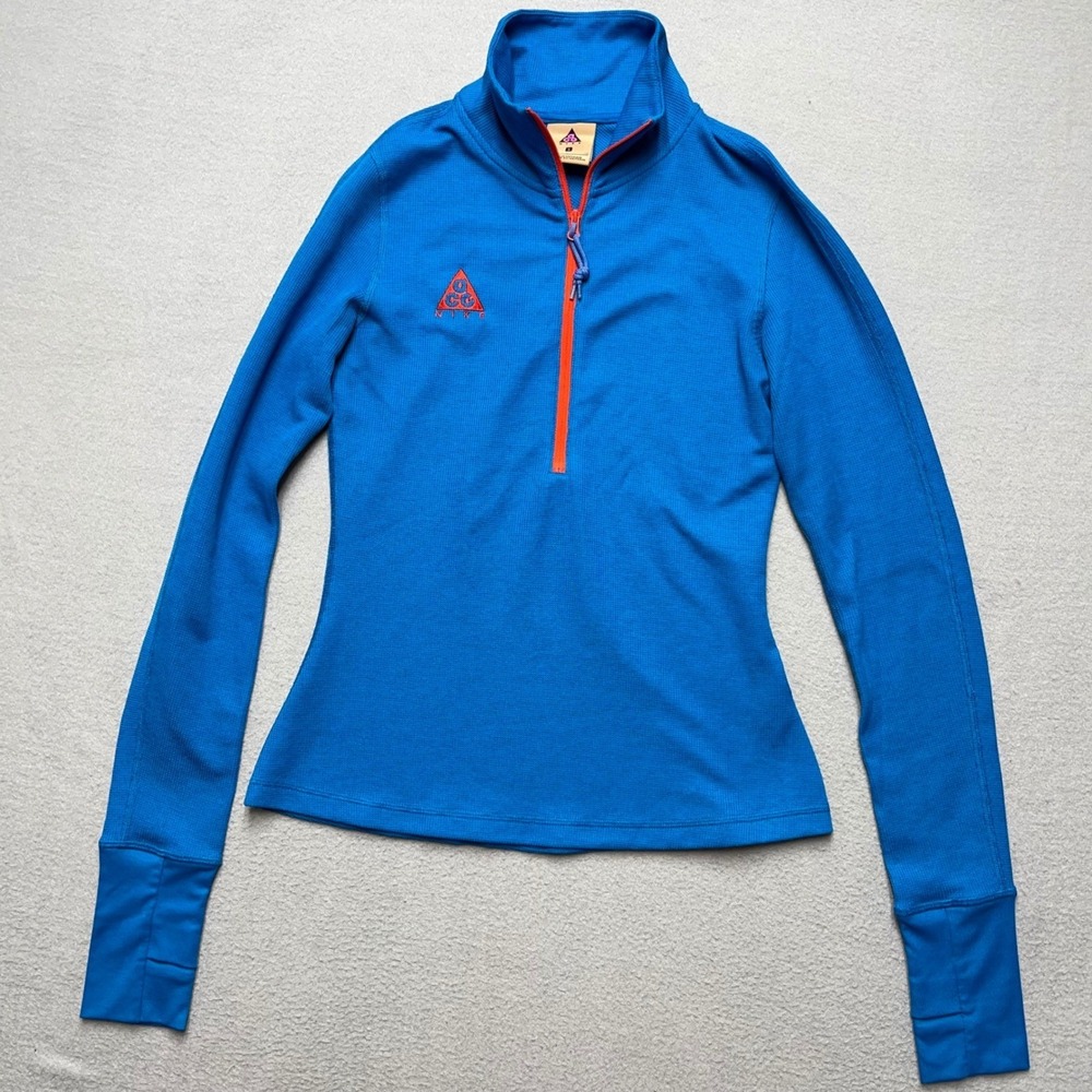 Nike ACG Womens Blue Waffle Knit Quarter Zip Pullover Top Size Small Hiking‎